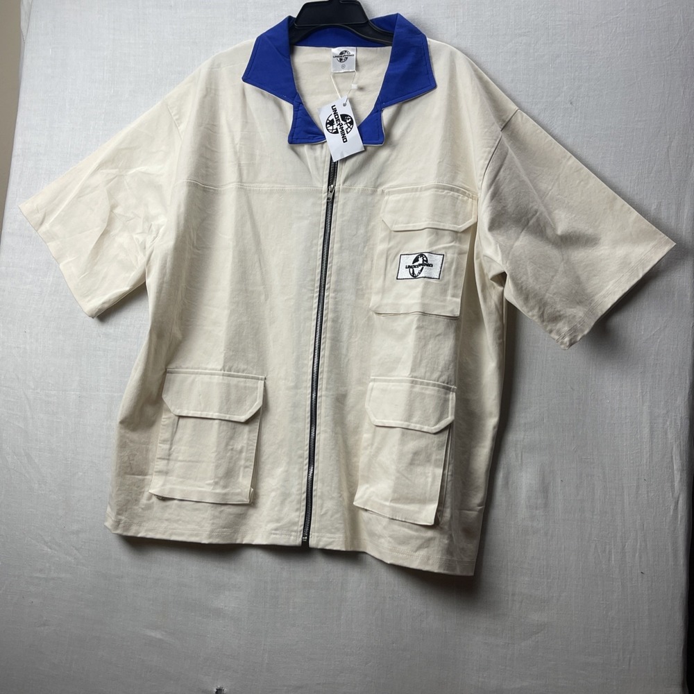 UNDERMIND XL Cream Royal Blue Contrast Collar Zip Front Shirt Chest Pocket